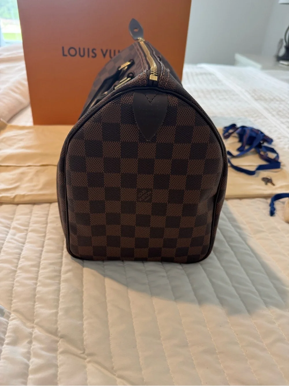 Louis Vuitton Brown Damier Ebene Satchel with Gold-Tone Hardware